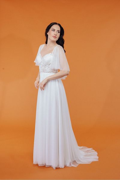 bride in love فستان زفاف بأكمام منقوشة، من التول الليكرا، مقاس شفاف، فستان زفاف