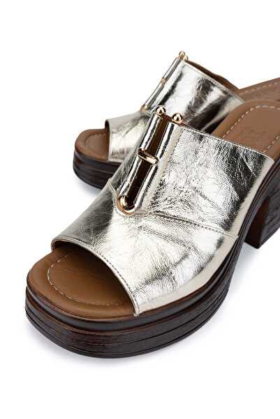 Tamer Tanca Genuine Leather Women's Gold Heeled Slippers