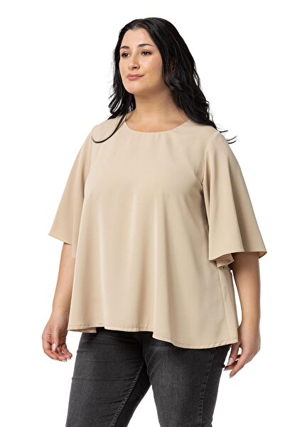 DISENTIS MODEST Plus Size Beige Wide Short Sleeve Blouse