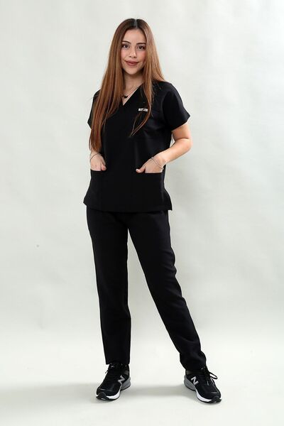 Scrubssy Basic Comfort Siyah Kadın Cerrahi Takım Likralı Scrubs Doktor Hemşir...