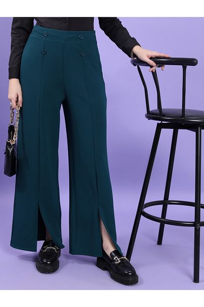 Tokyo Talkies By Styli High Rise Button Detail Pintuck Slit Hem Trousers