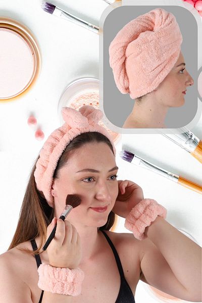 vosvera Soft Hair Band Bracelet Makeup Application Set and Microfiber Hair Drying Towel Pink