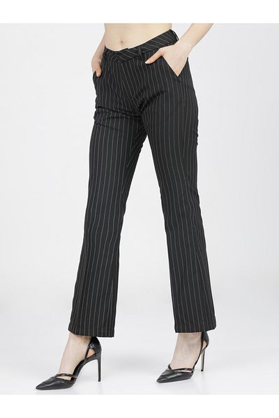 Tokyo Talkies By Styli Pinstriped Straight Fit Bootcut Trousers with Pockets