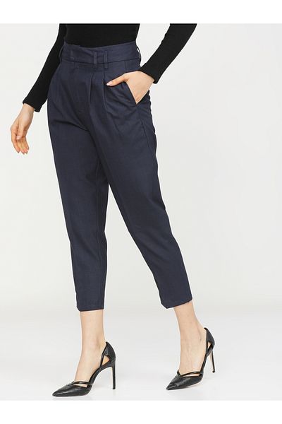 Tokyo Talkies By Styli Checked Pleat Detail Tapered Trousers with Pockets