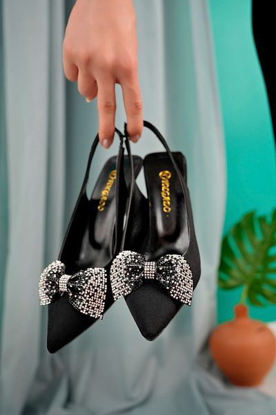 TOLGSHOES Classic Women's Shoes - Open Back, Pointed Heel and Stone Bow Detail