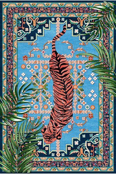 Rugs Modern Halı Mira 1112 Mavi Leopar Etnik Ve Botanik Temalı Dokuma Taban Halı