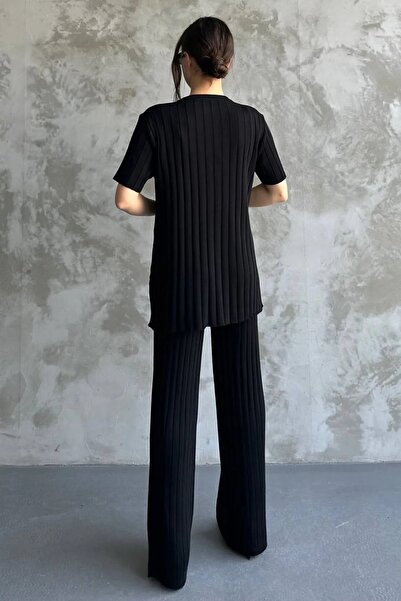 WOMAN VISION Schwarzes Cord-Strickset für Damen – Kurzarm, Oberteil und Hose mit hoher Taille und weitem Bein, 1140