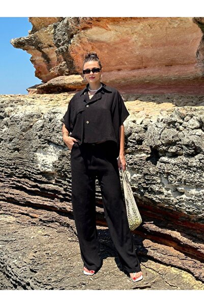 OUZ Fashion Σετ παντελόνι γυναικείο λινό με κουμπιά μανίκια Lucky Life