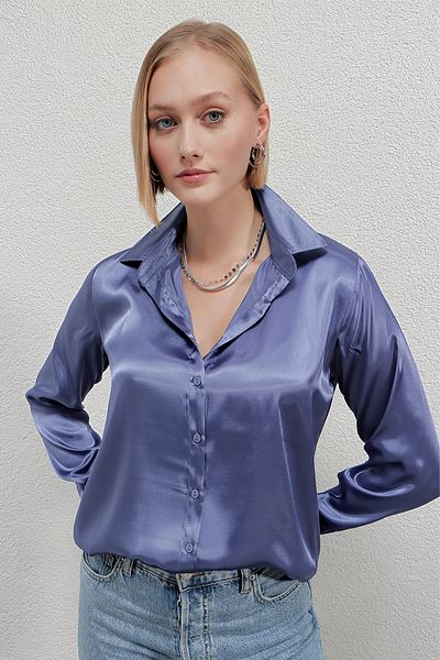 hazelin Cămașă de damă din satin albastru - ușoară și suprafață Hzl22w-bd139641