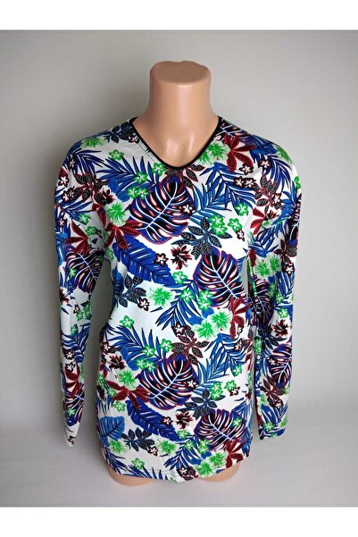 YAŞAR TRİKO Kadın Beyaz Mavi V Yaka Uzun Kollu Yanları Yırtmaçlı Yazlık Visko...