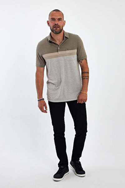 ENQUE Ανδρικό μπλουζάκι με γιακά πόλο με μακριά τσέπη και κοντό μανίκι Basic Khaki