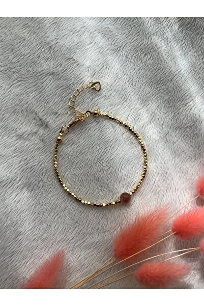 PelvedDesign Gül Kuvars Doğal Taş Dorika Altın Kaplama El Yapımı Bileklik