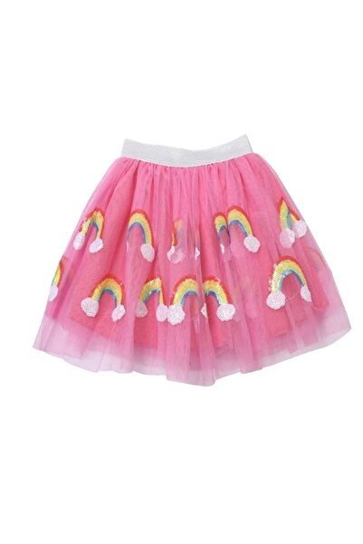 Petityu Pembe Furya Tül Parlak Gökkuşağı Aplike Işlemeli Beli Parlak Gümüş La...