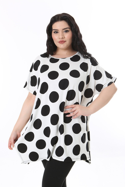 XL Modam Plus Size Black and White Polka Dot Patterned Tunic