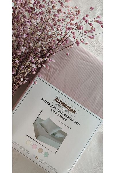 Altınbaşak 180x200 30 سم.طقم ملاءات سرير من الساتان القطني 100% - مناسب (مطاط)، قطعة واحدة من الساتان ووسادتين