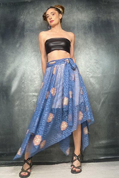 Quincey Fusta asimetrică brodata din dantela albastra