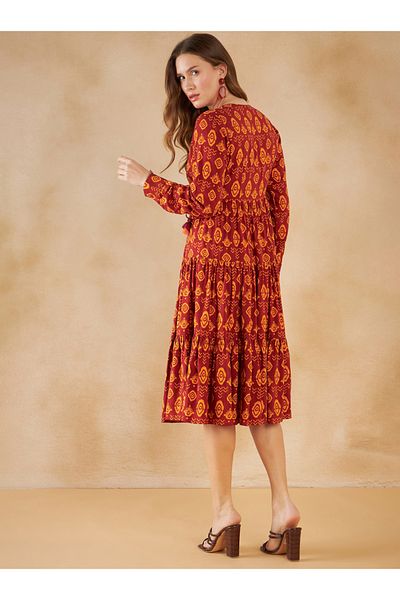 Femmella By Styli Bohemian Print Gathered Detail A-Line Midi Dress