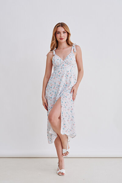 Rabia Çelik Omuzları Bağlamalı Çiçek Desenli Midi Elbise