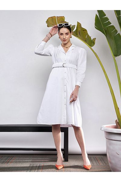 Sassafras By Styli Poplin Ruched Belted Shirt Dress with Puff Sleeve