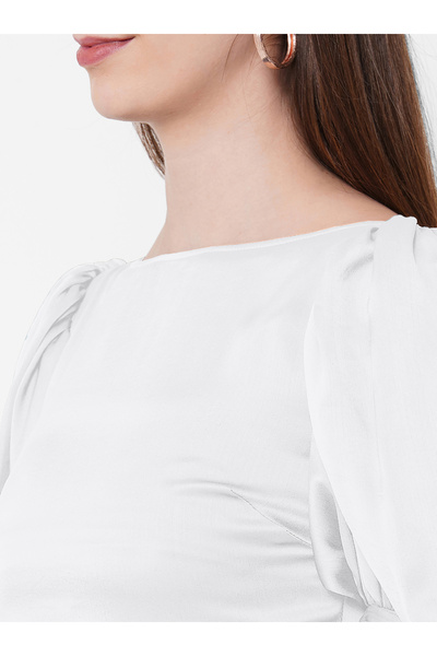 Mish By Styli Boat Neck Chiffon Midi Dress with Puff Sleeve