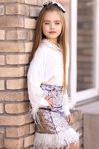 Riccotarz Girl's Sleeve Tips and Hem Tips Wrinkled Pulpaytet Detailed Silver Skirt Suit