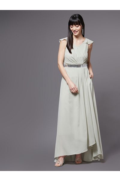 Miss Chase By Styli Embellished Waist Ruffle Sleeves A-Line Maxi Dress