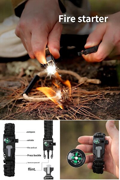 BİTERSE Pusulalı Kamp Bilekliği Düdük, Magnezyum Çubuğu, Pusula,