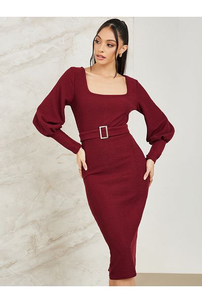 Colorful By Styli Square Neck Belted Knit Midi Dress