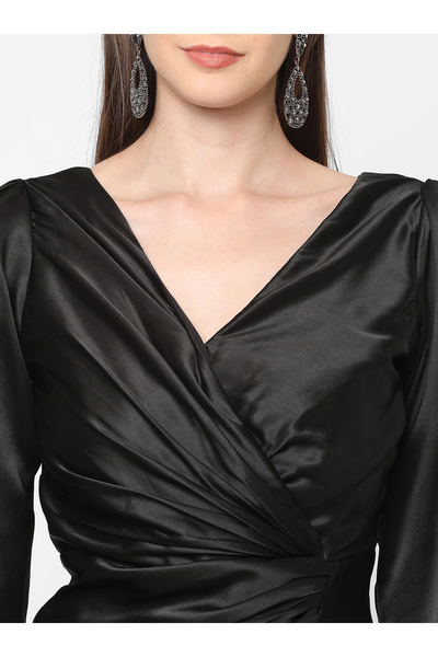 Mish By Styli Gathered Front V Neck Satin Maxi Dress