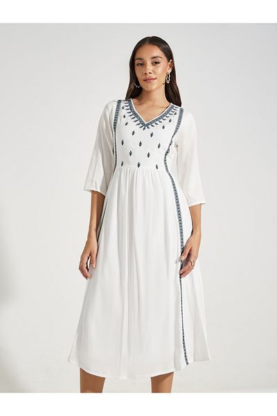 Styli Embroidered Panel V Neck A-Line Midi Dress