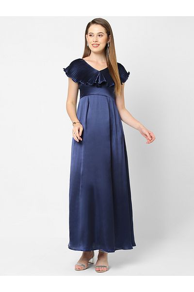 Mish By Styli Solid Satin Maxi Dress with Plisse Cape Neck