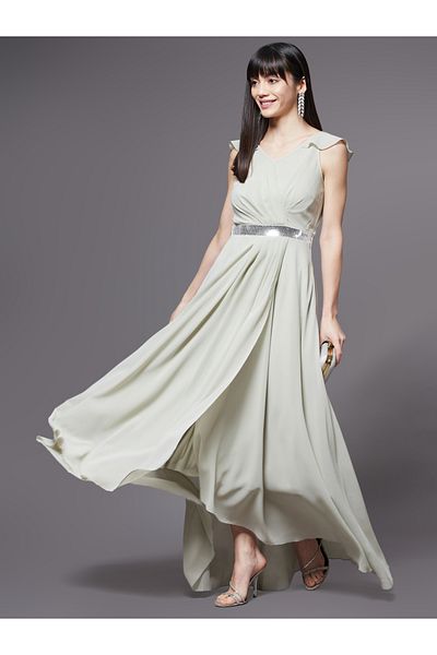 Miss Chase By Styli Embellished Waist Ruffle Sleeves A-Line Maxi Dress