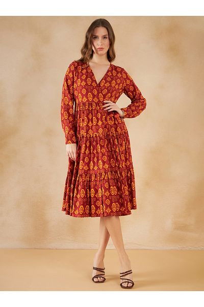 Femmella By Styli Bohemian Print Gathered Detail A-Line Midi Dress