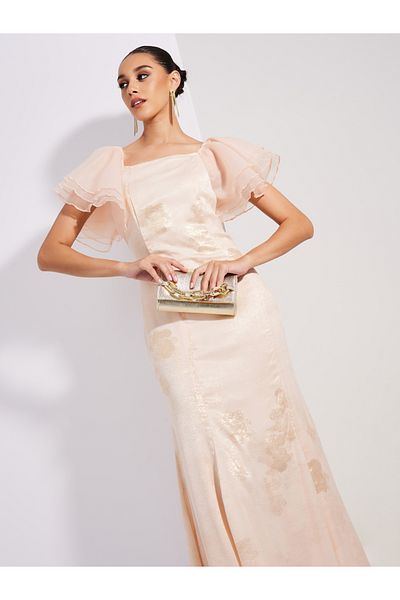 Styli Jacquard Print Mermaid Fit Maxi Dress with Ruffled Sleeve