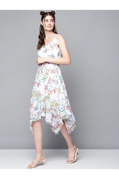 Sassafras By Styli Floral Print Asymmetric Hem Belted Midi Dress