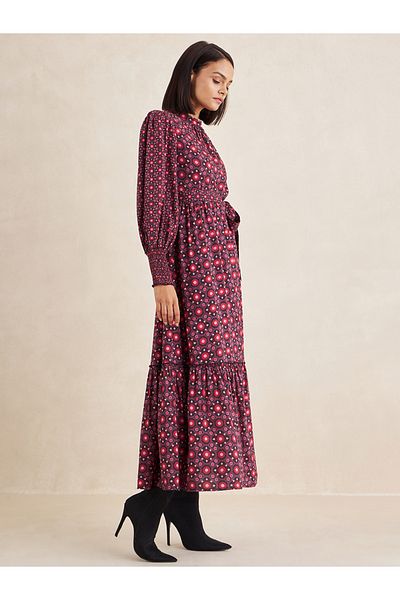 Femmella By Styli Geometric Print Tiered Maxi Dress with Tie Up