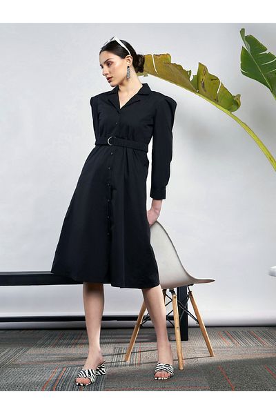 Sassafras By Styli Poplin Ruched Belted Shirt Dress with Puff Sleeve