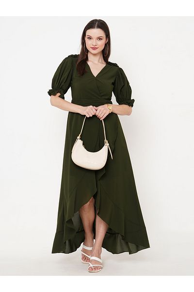 Mish By Styli Solid Georgette Wrap Front Maxi Dress