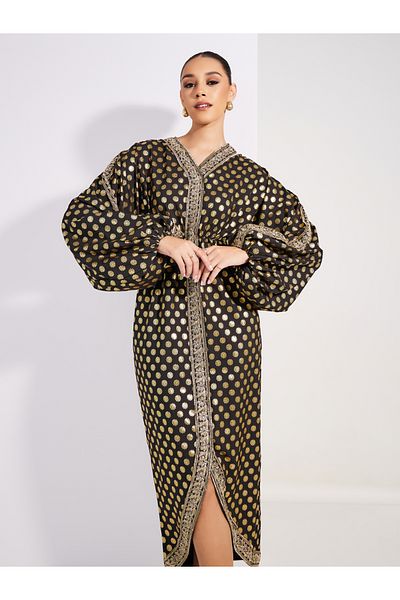 Styli Foil Print Lace Detail Maxi Dress with Volume Sleeves