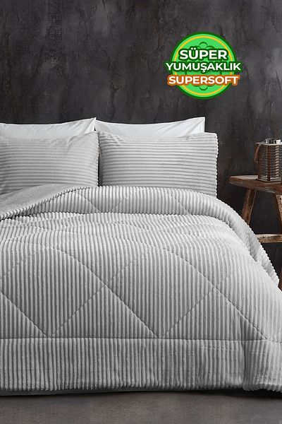 Evlen Home Collection Shrpa Quilt - Plush Soft Daily Wellsoft, Double 3-Piece Gray Bedspread and Sleeping Set