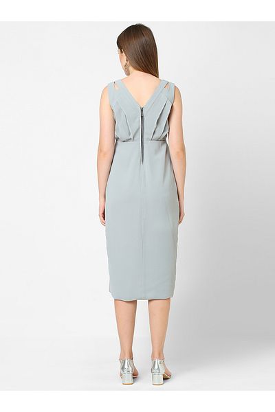 Mish By Styli Pleated Embellished Shoulder Straps Midi Dress with Asymmetrical Hem