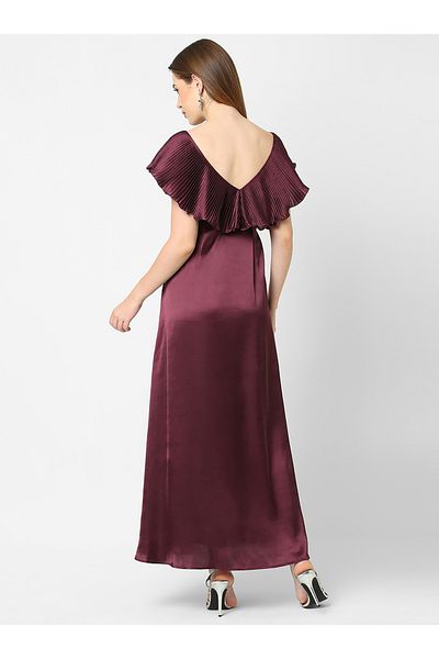 Mish By Styli Satin Plisse V Neck Ruffle Maxi Dress
