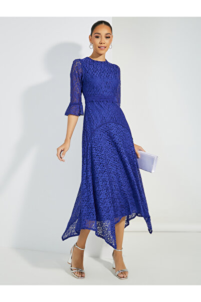 Styli Lace Detail High Neck Asymmetric Hem Midi Dress