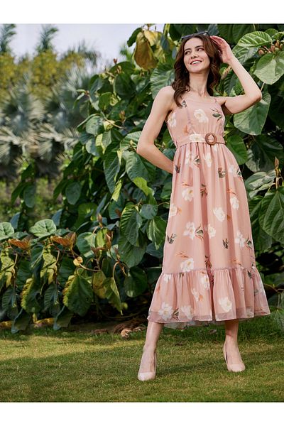 Sassafras By Styli Floral Print Belted Strappy Midi Dress