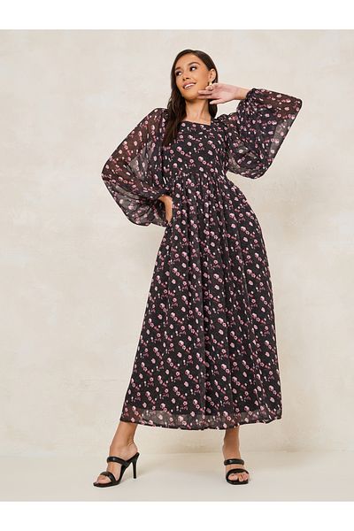 Styli Square Neck Printed Maxi Dress with Tie Back Detail