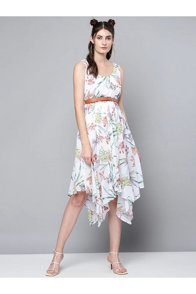 Sassafras By Styli Floral Print Asymmetric Hem Belted Midi Dress