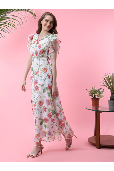 Mish By Styli Side Waist Cut-Out Frill Sleeves Maxi Dress