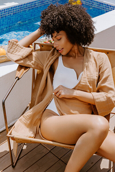 Miespiga %100 Pamuk Dokuma Kruvaze Kuşaklı Kadın Müslin Plaj Elbisesi