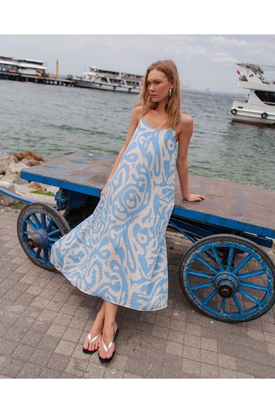 Quzu Blue Patterned Thin Strap Long Dress
