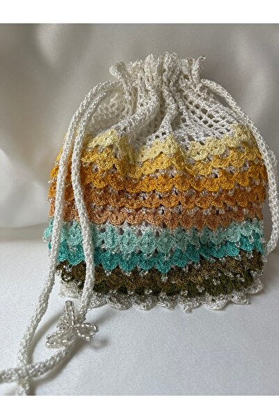 MSS ATALIER Kadın Fiyonk Kurdele Detaylı,boncuk Oyalı El Omuz Mini Çanta, Ekru Örgü Kese Çanta,gelin,party-düğün